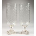A PAIR OF HOBNAIL CUT STORM LANTERNS. 1ft 4ins high.