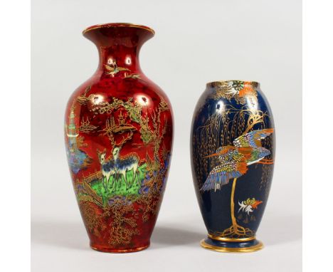 A WILTON WARE RED GROUND LUSTRE VASE, 8ins high, and A BLUE CARLTON VASE, 6ins high (2).