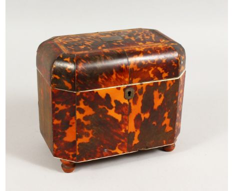 A GOOD GEORGE III TORTOISESHELL AND IVORY TWIN COMPARTMENT TEA CADDY, with plain silver plaque and escutcheon. 7.5ins wide.