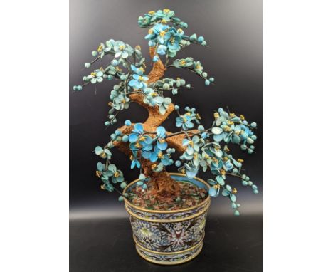 Jadeite bonsai tree in cloisonne enamel planter, H.48cm