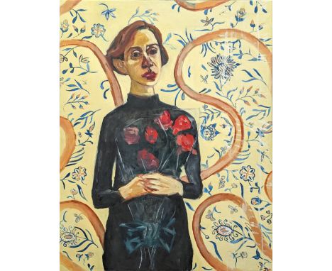 Julie Held (British, b.1956), Self Portrait with Bouquet, oil on canvas, initialed JH and signed in paint to stretcher, H.101