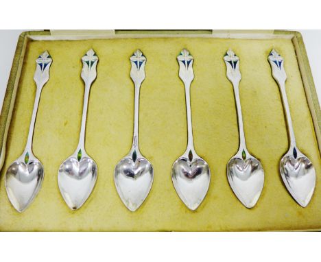 Liberty & Co. cased set of six silver and enamel teaspoons, the terminals with trefoil petals and blue/green enamel and with 