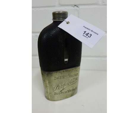 D & J McCallums Perfection Scotch whisky pewter, glass and leather hip flask 