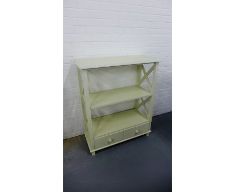 A contemporary painted shelf unit with a moulded top over a fixed shelf and two short drawers raised on square supports 91 x 