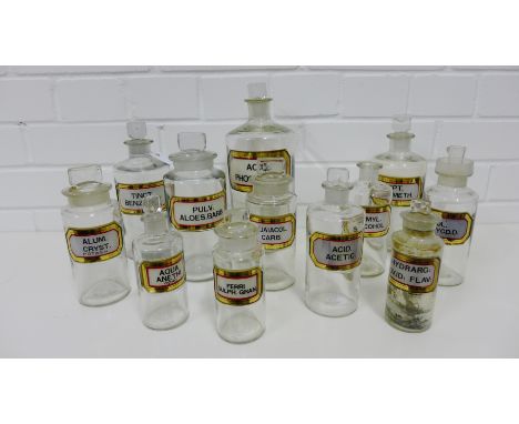 A set of twelve 19th century chemist jars, all with white enamel and gilt edged Latin content labels, tallest 26cm high