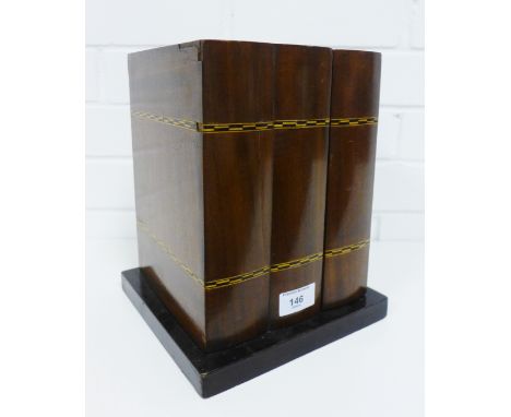Mahogany veneered and boxwood inlaid smoker's cabinet, modelled as a set of books which open to reveal three graduated drawer