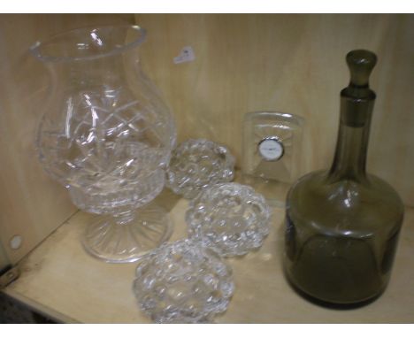 6 PIECES OF GLASS TO INCLUDE CUT GLASS LANTERN, 3 CANDLE HOLDERS, DECANTER AND DARLINGTON CRYSTAL CLOCK