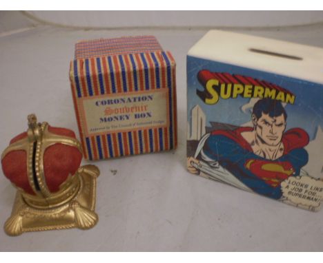 VINTAGE CORONATION AND SUPERMAN MONEY BOXES