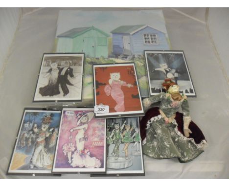 6 CAT PRINTS AND CAT DOLL PLUS PRINT OF BEACH HOUSE 