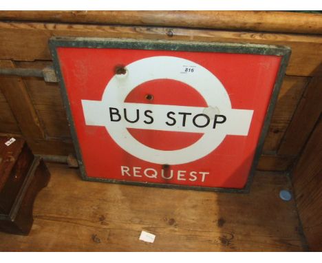 VINTAGE ENAMEL BUS STOP REQUEST SIGN WITH MOUNTING BRACKET 18 X 16 inches