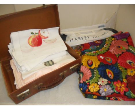 HARVEY NICHOLS LINEN, DECORATIVE TABLE CLOTH AND VINTAGE SUITCASE