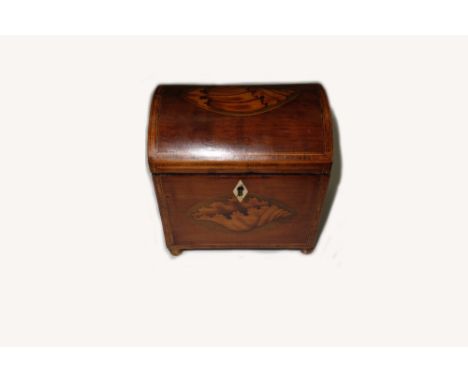 A George III mahogany tulipwood crossbanded boxwood strung tea caddy, the domed hinged cover and front inlaid with conch shel