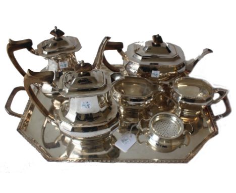 An Art Deco six piece electroplate tea and coffee service, Mappin & Webb, including a two handed canted corner rectangular tr