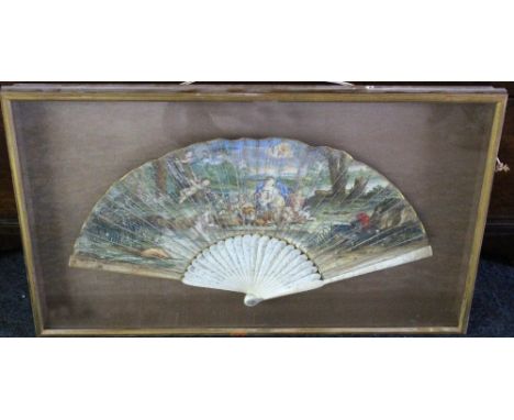 A fan, first half 19th century, the leaf painted with a romantic figual scene, cherubs and nymph, the ivory sticks and guard 