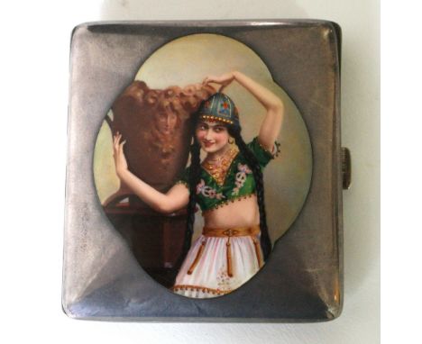 A German silver and enamel rectangular cigarette case, late 19th century the hinged cover centred by a finely enamelled portr