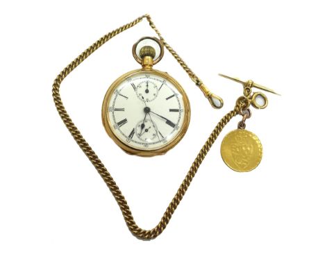 An early 20th century Swiss 18K open face chronograph pocket watch and a gold 'Albert'; the open face watch with a keyless le