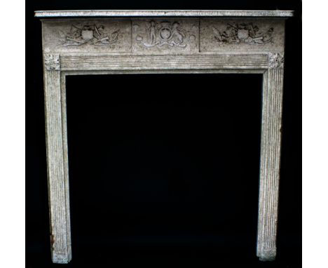Of Nelson Interest:  A white painted and gesso fireplace, 19th century, the rectangular mantel shelf above a frieze centred b