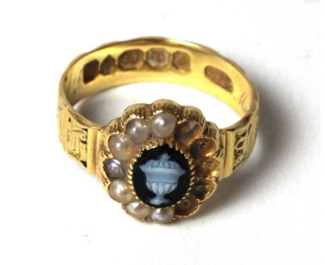 A William IV 18ct gold, half-pearl and nicolo mourning ring, the head centred with a white funerary urn on a black ground, wi