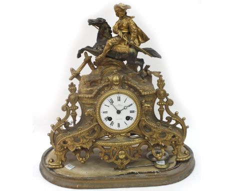 A Marti & Co, retailed by * Lewis Margate, Ramsgate & Brighton:  An ornate French gilt mantel clock, circa 1870, surmounted b