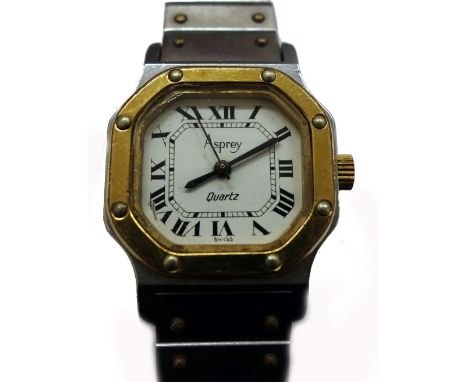 Asprey quartz, a lady's stainless steel and gilt bracelet wristwatch, cream dial with black Roman numerals, baton hands and s