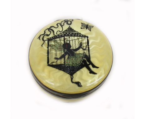 A Continental silver and yellow enamel round powder box/compact, probably Swiss or German, the hinged cover decorated in blac