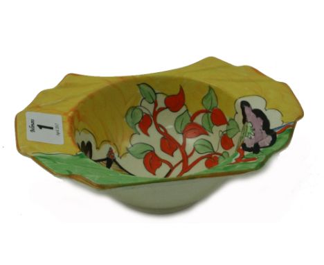 A Bizarre by Clarice Cliff Japan Yellow pattern bowl, of shaped outline, 17cm wide.