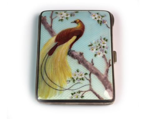 A German silver and enamel rectangular cigarette case, early 20th century, the hinged cover decorated with a peacock in a flo