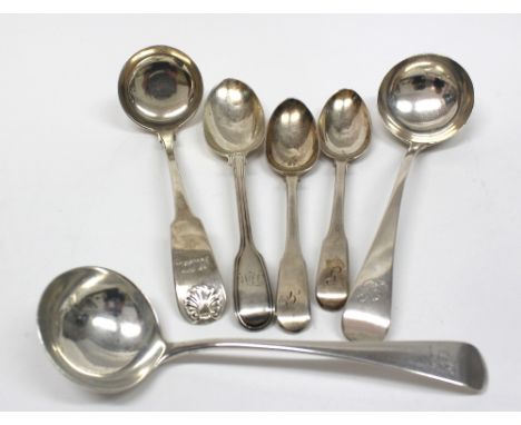 A pair of George III Old English pattern silver sauce ladles, Richard Crossley, London 1796, George IV Scottish fiddle and sh