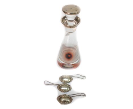 A contemporary conical shape silver mounted glass decanter, Broadway & Co, 25cm high and a set of three Regency style silver 