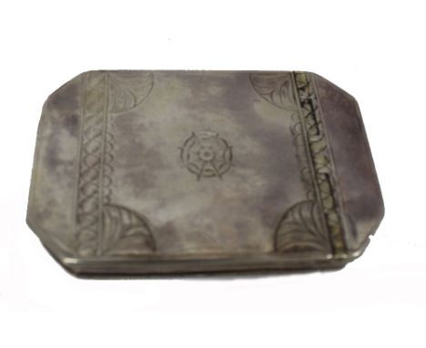 A silver snuff box, probably English, early 18th century, of canted rectangular form, engraved rosette and spandrels and init