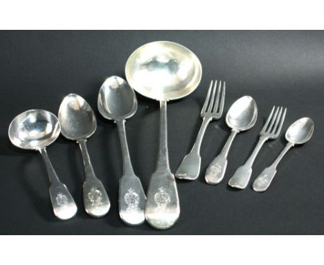 A George III fiddle pattern silver canteen, London 1810, William Eley, Fearn & Chawner, comprising: 18 tablespoons, 18 table 