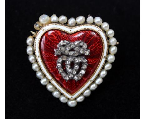 A late Victorian gold, enamel, pearl and diamond heart-shaped brooch/pendant, the central red guilloche enamelled panel centr