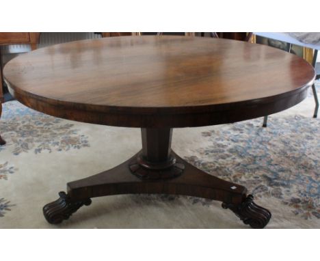 A William IV rosewood breakfast table, the circular tilt-top, on an octagonal tapering pillar with carved collar, the concave