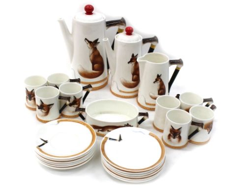 A Royal Doulton bone china coffee service, H 4927, each piece decorated with a fox, the handles modelled as whips extending a