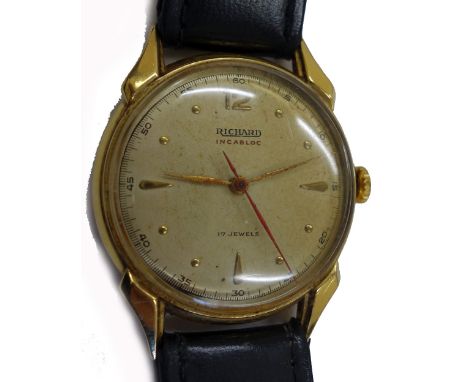 Richard Watch Inc., a gentleman's Swiss gold round wristwatch, circa 1950, cream dial with tapering-baton and dot numerals an