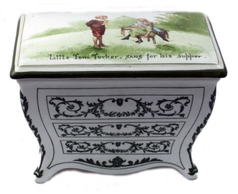A Royal Doulton porcelain Huntley & Palmers biscuit box, Rd. No. 459880, in the form of a bombe commode, printed in green, th