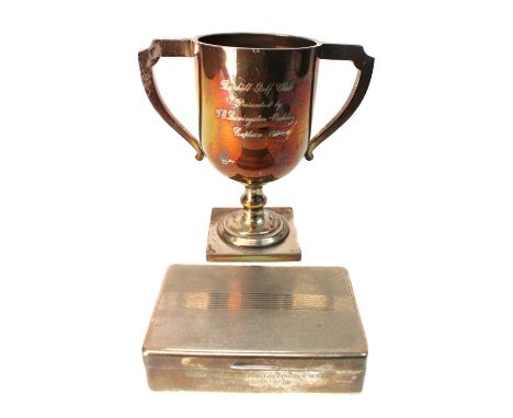 Golfing Interest:  A two handled silver trophy cup, Walker & Hall, Birmingham 1926, on a square plinth base, 18cm high, Burhi