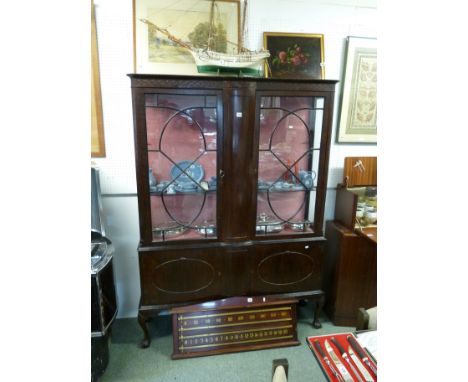 Large Glazed Edwardian China cabinet of 2 doors over cupboard base supported on ball and claw feet, Condition - Missing shelf