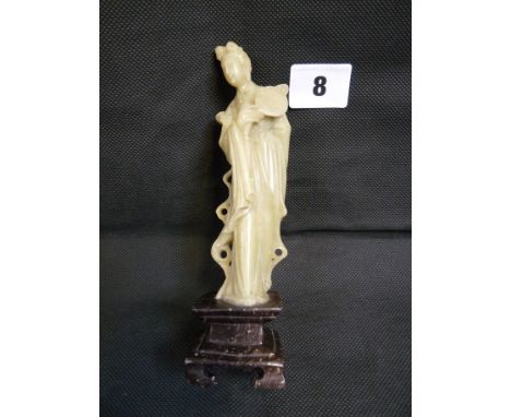 Chinese green soapstone carved figure of a woman in traditional dress on dark soapstone base, 15.5cm in height, Condition - b