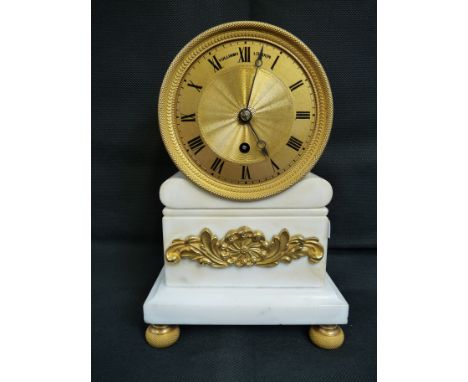 Vulliamy of London white marble and gilt ormolu single fusee drumhead mantle clock movement and dial signed Vulliamy London 2