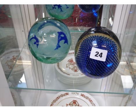 Caithness Dolphinarium pattern paperweight and another unmarked paperweight 12cm in diameter