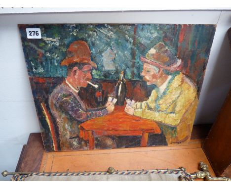 Oil on board of men playing cards signed Soanes to bottom right, 45 x 36cm 