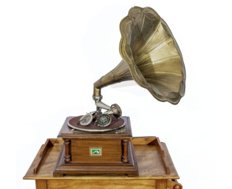 A His Masters Voice trumpet style wind up record player