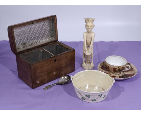 An oak tea caddy, ivory figure, Belleek dish and a cup and saucer