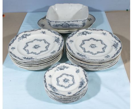 Chelsea ware dinner plates, tea plates and a serving dish