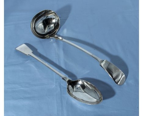 A silver plated ladle and serving spoon