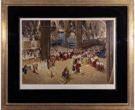 A large framed lithograph print of the Coronation by Sir Terrence Cuneo. Signed by the artist bottom right, overall size 110c
