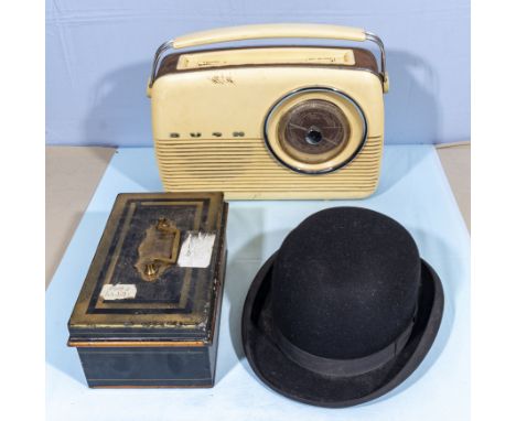 A Bush radio A/F, petty cash box, brass button protector and a bowler hat