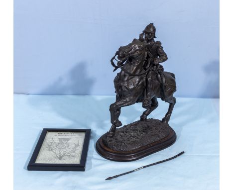 A small bronze resin model of the Galashiels horse and reiver together with a copy of the Raiders poem
