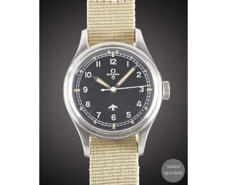 A GENTLEMAN'S STAINLESS STEEL BRITISH MILITARY OMEGA RAF PILOTS WRIST WATCH
DATED 1953, REF. 2777-1 SC WITH "FAT ARROW" DIAL

